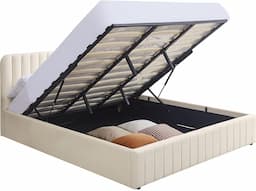 HOMIFAB Ava 180x200 velours beige, tête capitonnée, ouverture à vérins