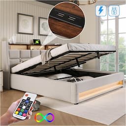 Lit coffre 160x200 coton-lin, LED et USB, vérin à gaz, butées matelas