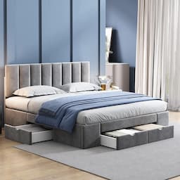 Lit 160x200 velours, tête de lit haute et 4 tiroirs sur roulettes