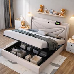 Lit coffre 160x200 capitonné, cadre fer, USB et USB-C, charge annoncée 300 kg