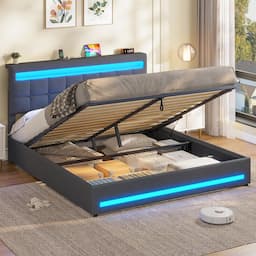 AOGLLATI Lit coffre 160x200 LED et USB, levage hydraulique, tête de lit réglable