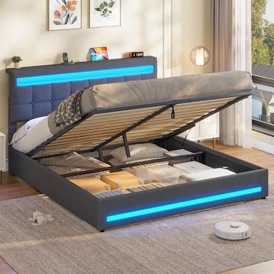 AOGLLATI Lit coffre 160x200 LED et USB, levage hydraulique, tête de lit réglable