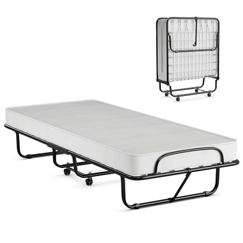 GOPLUS lit pliant 1 personne 80x190 sur roulettes, matelas mémoire 10 cm